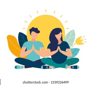 Vector illustration. yoga health benefits of the body, mind and emotions, a pregnant woman with her partner in a yoga pose meditate. preparing parents for childbirth vector
