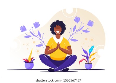 Vector illustration. yoga health benefits of the body, mind and emotions, a pregnant woman with her partner in a yoga pose meditate. preparing parents for childbirth.