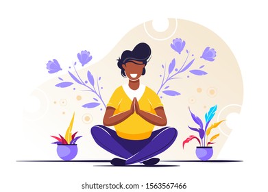Vector illustration. yoga health benefits of the body, mind and emotions, a pregnant woman with her partner in a yoga pose meditate. preparing parents for childbirth.