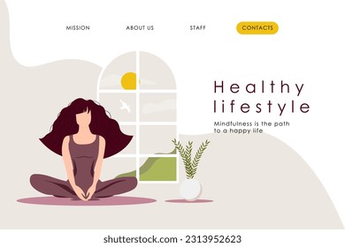 Ilustración vectorial. Yoga, estilo de vida saludable, meditación, atención, deportes. Diseño para un sitio web, página de aterrizaje, club de fitness, yoga. Ilustración para publicidad. Vector aislado.