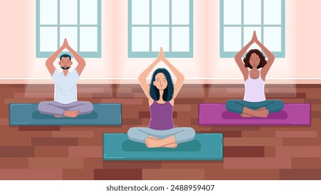 Vector Illustration of A Yoga Instructor Teaches Group of Adults, Indoor Yoga Class.