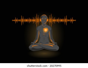 Vector illustration of yoga listening his heart, isolated on black background