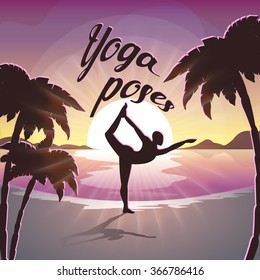 Vector illustration Yoga meditation on the beach. Silhouet woman practicing yoga  against a colorful sunset sky.