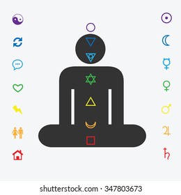 Vector illustration / yoga meditation posture / colored chakras symbols icons set