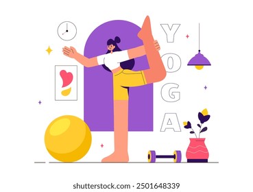 Vector illustration of Yoga and Meditation Practices featuring a Girl Exercising for Health Benefits in a Flat Style Cartoon Background