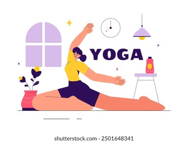 Vector illustration of Yoga and Meditation Practices featuring a Girl Exercising for Health Benefits in a Flat Style Cartoon Background