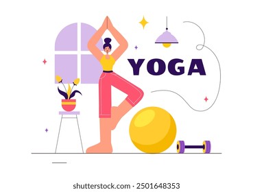 Vector illustration of Yoga and Meditation Practices featuring a Girl Exercising for Health Benefits in a Flat Style Cartoon Background