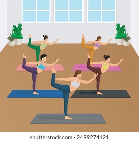 Vector illustration of yoga movements, 1 woman teaches 4 women
