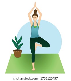 Ilustración vectorial de yoga pose. Posición del árbol. Paz y calma en cuarentena.