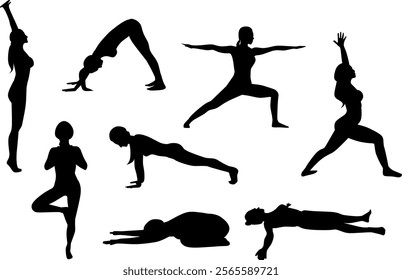 Vector illustration of yoga poses in black and white line art, including Tadasana, Adho Mukha Svanasana, Utthita Chaturanga Dandasana, Virabhadrasana I and II, Vrikshasana, Balasana, and Savasana