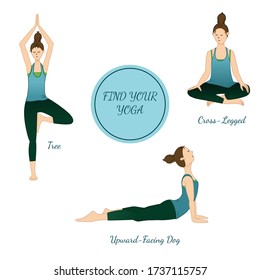 Vector illustration yoga poses. Cross legged, tree and upward facing dog positions. Peace and calm in quarantine. Advertisement.