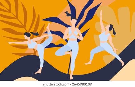 Vector illustration of yoga poses. Group of women practicing yoga in the studio.