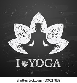 Vector illustration of yoga poses on blackboard background. I love yoga