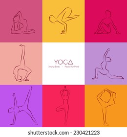 Vector illustration of Yoga poses silhouette set