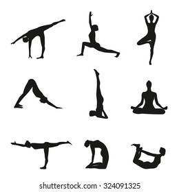 Vector illustration of Yoga poses silhouette. Yoga postures silhouette.