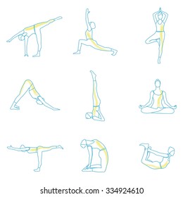 Vector illustration of Yoga poses silhouette. Outline yoga set. Silhouette Yoga. 