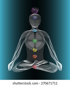 Vector illustration of yoga position lotus, meditating abstract  man, seven colored chakras