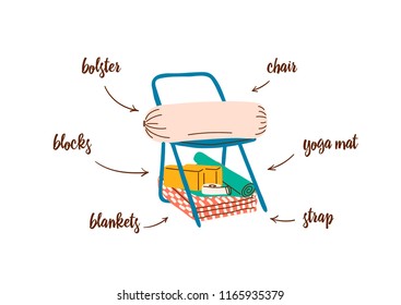 Vector illustration of yoga props in trendy retro style. Set of yoga stuff.