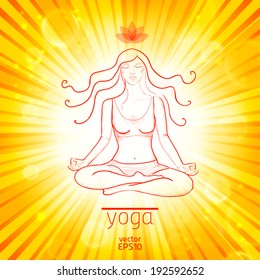 vector illustration. Yoga. Sketch of girl in lotus position on sunburst background