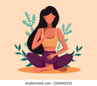 Vector illustration Yoga tanned girl is engaged in yoga and meditation among plants and nature, sitting in a pose illustration of no face