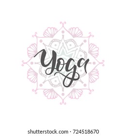 Vector illustration of Yoga text for logotype / logo on colorful mandala background. Handwritten modern calligraphy for yoga studio / class / workout template. Lettering typography. EPS 10
