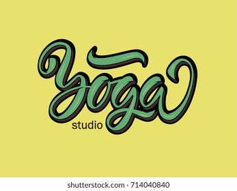 Vector illustration of yoga text for studio logotype or signature. Badge, tag, icon. Calligraphy background. Lettering typography poster.