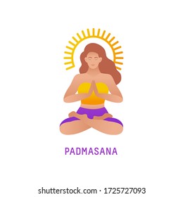 Vector illustration of yoga woman in bright colorful clothes. Isolated figure on white background with colorful sun silhouette. Padmasana - Lotus pose.