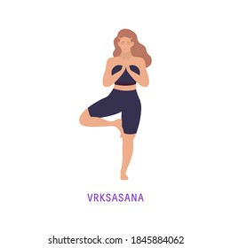 Vector Illustration of Yoga Woman. Isolated Figure on White Background. Vrksasana - Tree Pose.