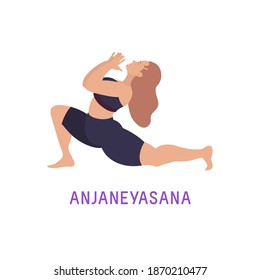 Vector Illustration of Yoga Woman. Isolated Figure on White Background. Anjaneyasana - Crescent Lunge Pose.