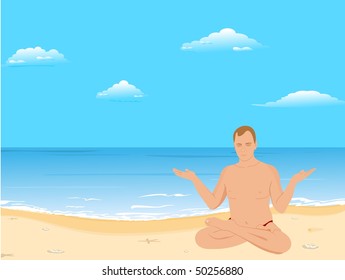Vector illustration of yogas the man sits on a beach and meditates