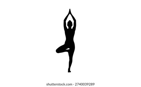 Vector illustration of a yogi in Vrksasana or tree pose. This minimalist black silhouette shows a person balancing on one leg, symbolizing harmony and focus.