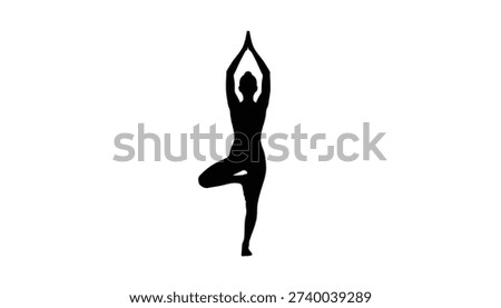 Vector illustration of a yogi in Vrksasana or tree pose. This minimalist black silhouette shows a person balancing on one leg, symbolizing harmony and focus.