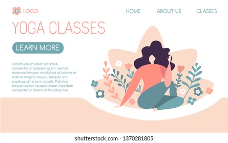 Vector illustration of a yogi woman meditating in the Half Lord of the Fishes pose. Cute flat female character with doodle flowers, leaves and plants. Yoga classes horizontal website banner design.