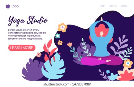 Vector illustration of yogi woman meditating in the Lotus pose. Cute flat female character and decorative plants, bright leaves and doodle flowers. Yoga classes horizontal website banner design.