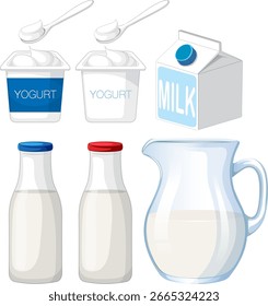 Ilustração vetorial de copos de iogurte, garrafas de leite, caixa e jarro em um estilo limpo e mínimo com sombras suaves e paleta de cores simples