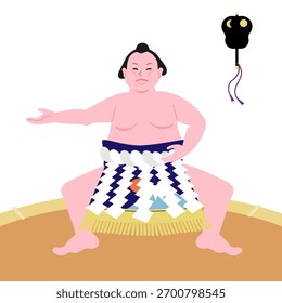 Ilustração vetorial de yokozuna realizando cerimônia de entrada de ringue no estilo Unryu com kesho-mawashi