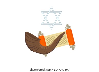 Vector illustration for Yom Kippur and Rosh Hashanah: shofar and open Torah isolated. Yom Kippur banner template.