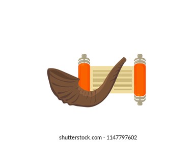 Vector illustration for Yom Kippur and Rosh Hashanah: shofar and open Torah isolated. Yom Kippur banner template.