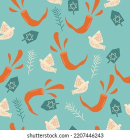 Vector illustration for Yom Kippur and Rosh Hashanah: shofar or Yom Kippur Horn seamless pattern. 