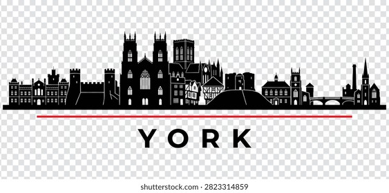 Vector illustration of York city skyline, featuring iconic landmarks like York Minster and Clifford's Tower, isolated on a transparent background.