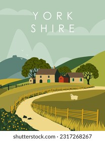 Vector illustration,  Yorkshire, Britain. Design for posters, banners, postcards. Agriculture, village.