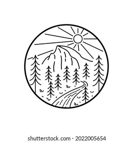 Vector illustration of Yosemite National park in mono line style art for badges, emblems, patches, t-shirts, etc.