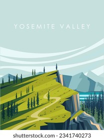 Vector illustration Yosemite Valley USA. Travel poster, travel banner, book illustration. Tourist guide, design for a postcard.