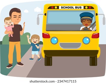 Vector illustration of young adult father saying goodbye to son holding little baby girl. Small kid taking bus waving dad and sister going back to school