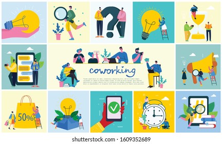 Vector illustration young adult group people meeting, working and talking co working center. Team teamwork togetherness collaboration