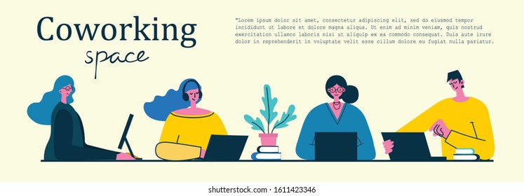 Vector illustration young adult group people meeting, working and talking co working center. Team teamwork togetherness collaboration