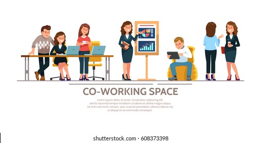 Vector illustration young adult group people meeting, working and talking co working center. Team teamwork togetherness collaboration