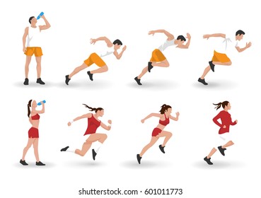 Vector illustration of young adult man and woman fitness characters running and resting