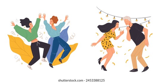 Vector illustration of young adults joyously throwing autumn leaves, with a festive atmosphere.