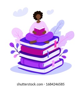 Vector illustration of young african american woman sitting on giant book pile and reading. Motivational literature fan. Violet concept illustration.